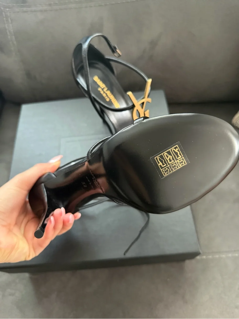 Saint Laurent Black Leather Stiletto Sandals with Gold YSL Logo - Picture 4 of 4
